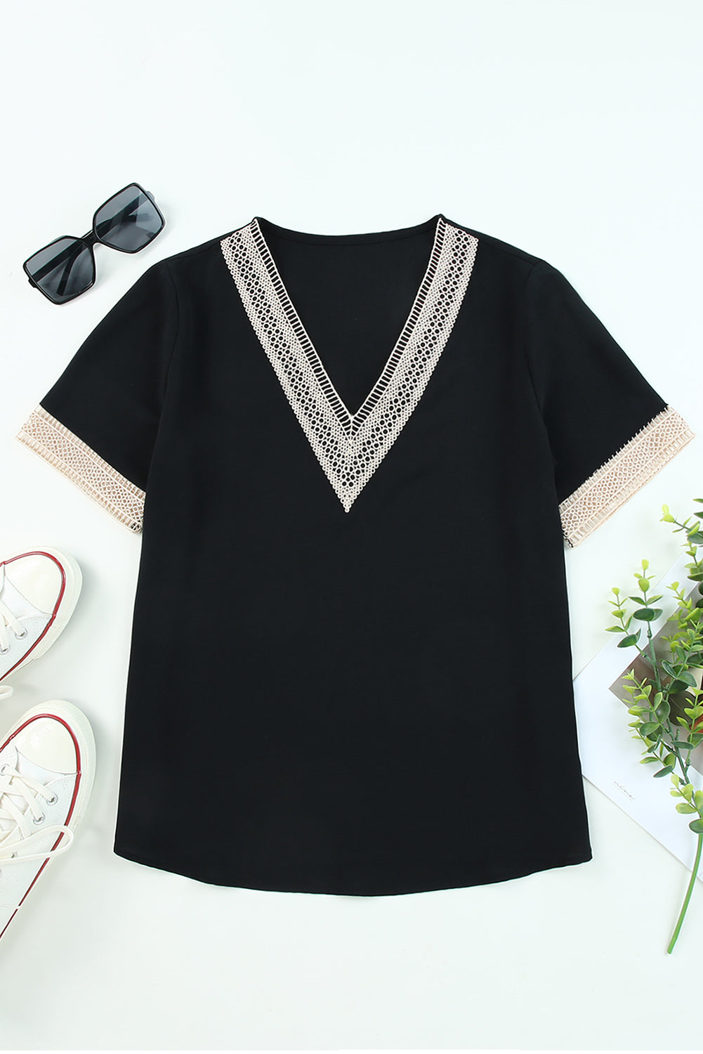 Lace Trim V Neck Short Sleeve Blouse | Black