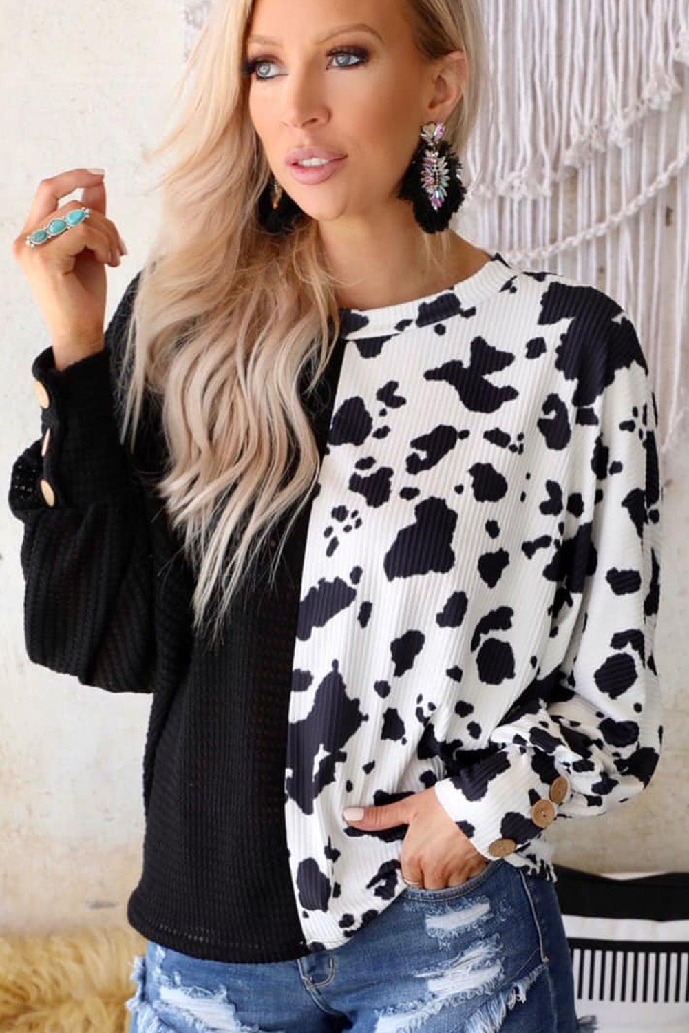 Cow Patchwork Waffle Knit Long Sleeve Top | Black