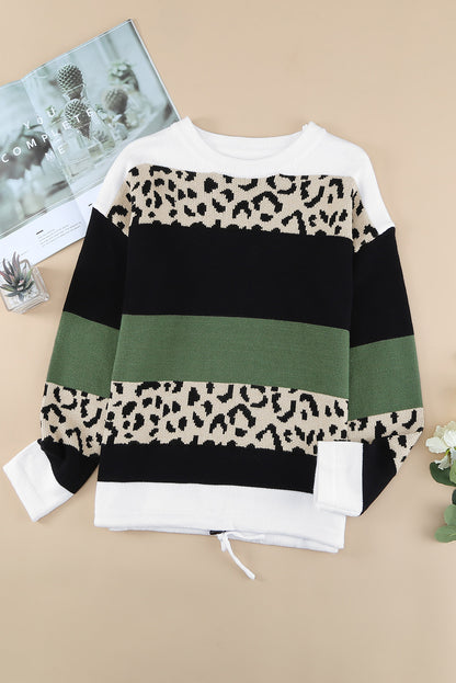 Crewneck Leopard Colour Block Knit Pullover Sweater | Green