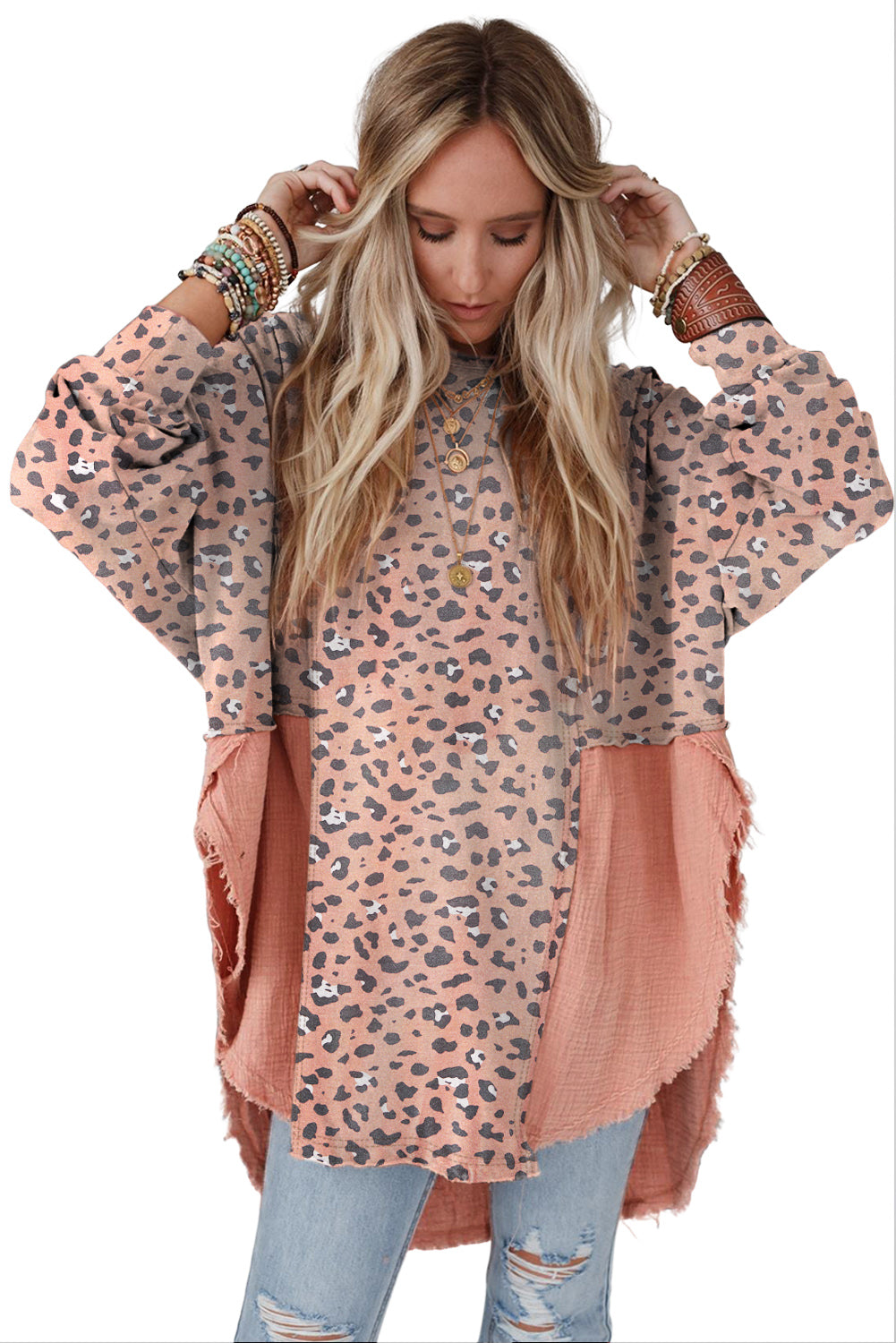 Raw Edge Leopard Patchwork Oversized Blouse | Pink