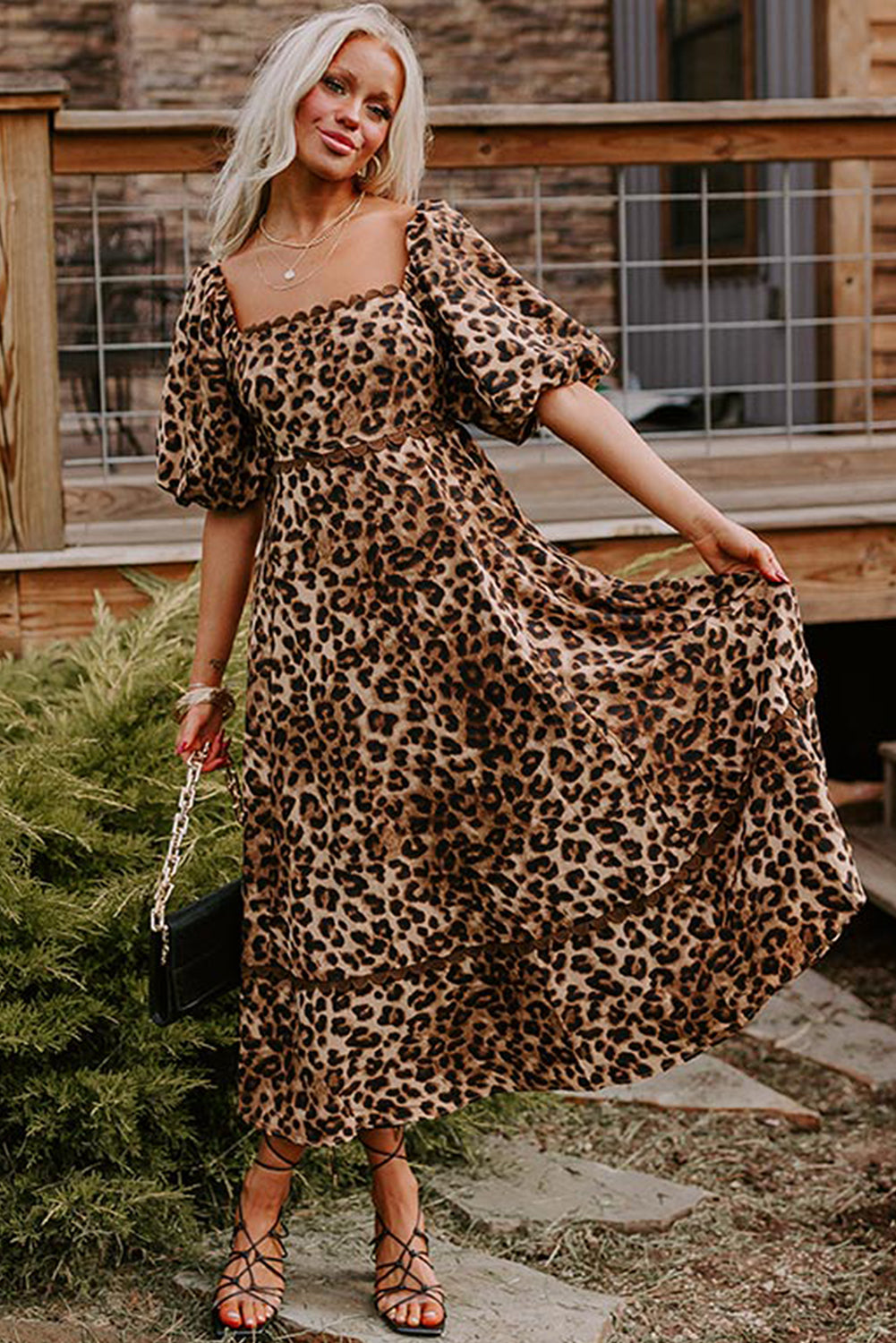 Leopard Print Bubble Sleeve Square Neck Maxi Dress | Brown