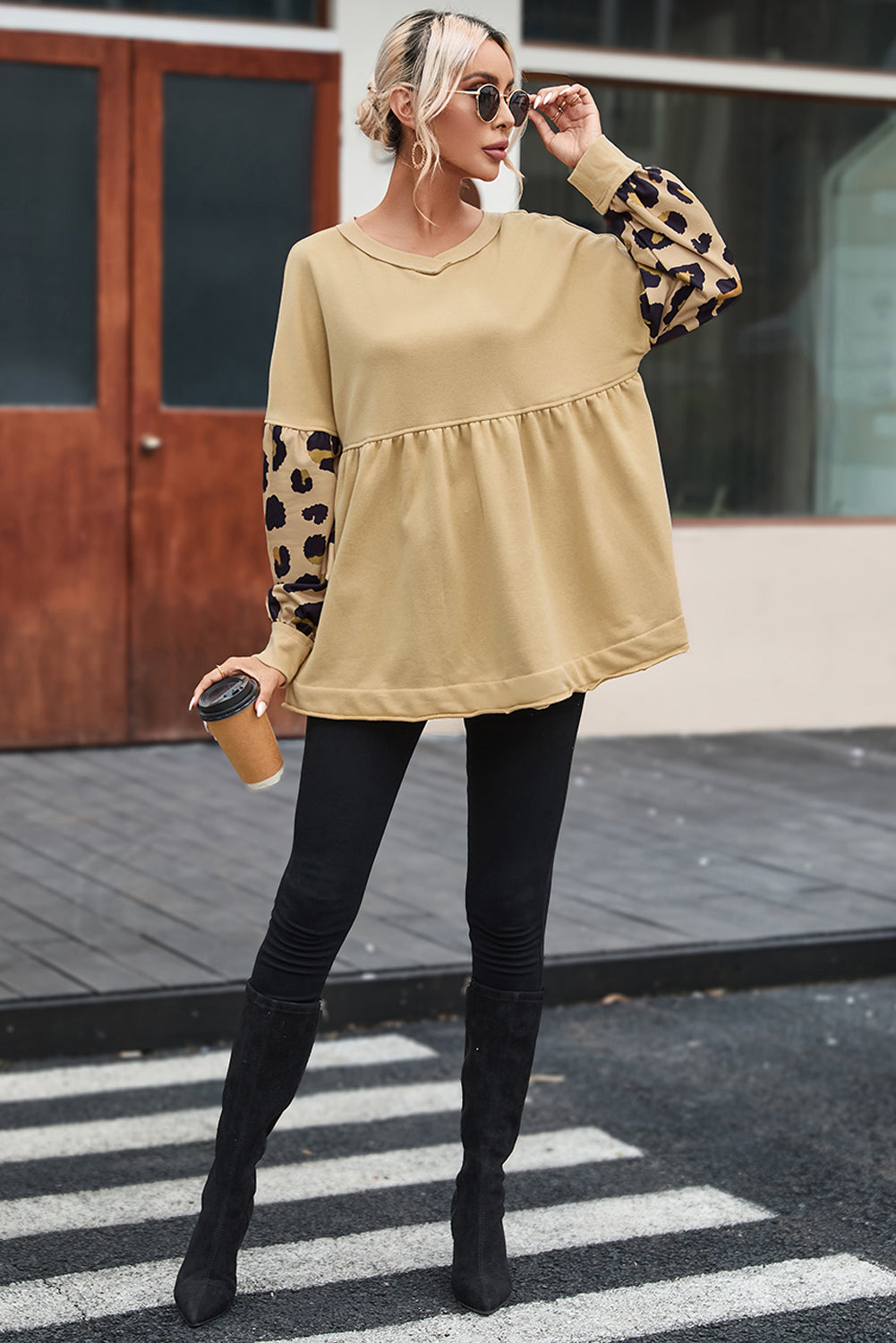 Leopard Splicing Sleeve Ruffle Loose Sweatshirt | Khaki