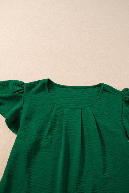 Solid Colour Textured Pleated Flutter Sleeve Blouse | Dark Green