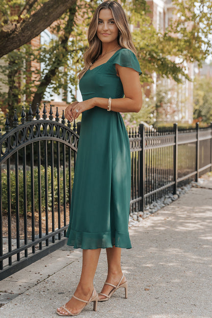 Shirred Open Back Sweetheart Neck Ruffled Midi Dress | Sea Green