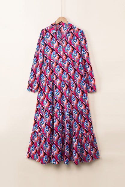 Abstract Geometric Print Long Sleeve High Waist Dress | Multicolour