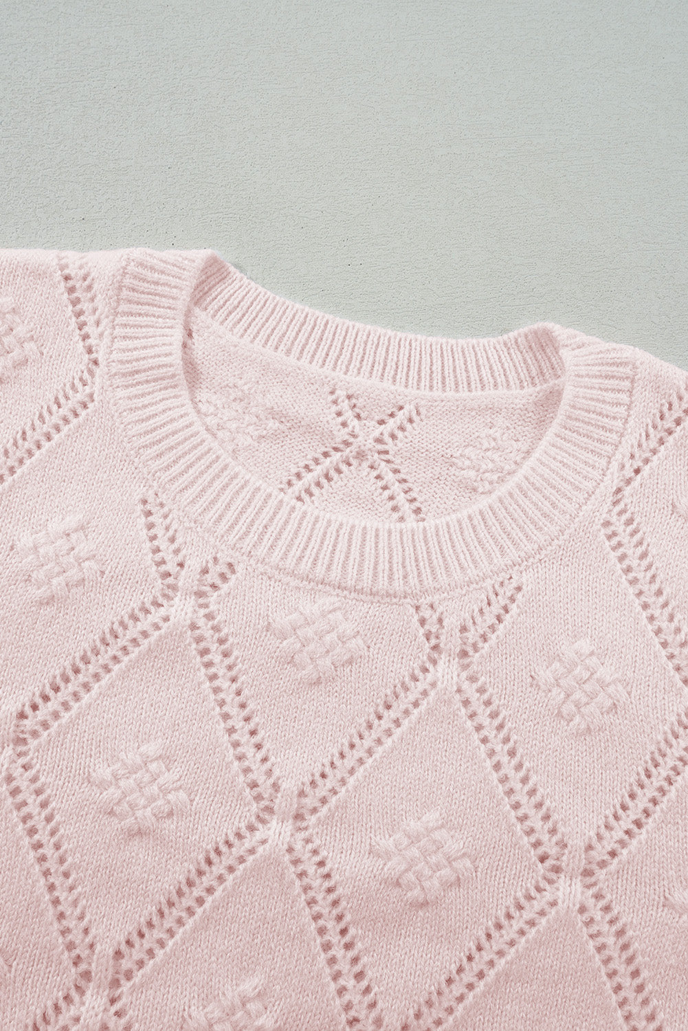 Openwork Plaid Puff Sleeve Cropped Sweater | Gossamer Pink