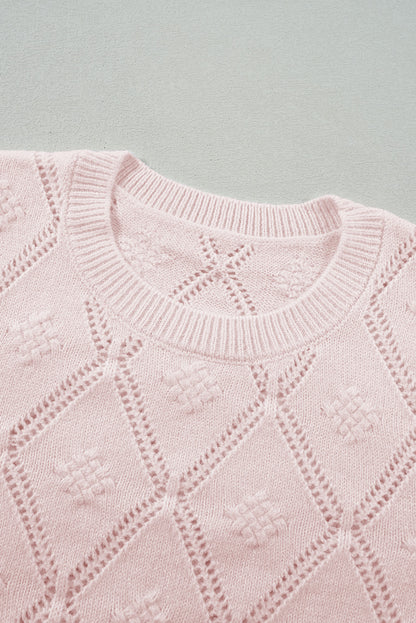 Openwork Plaid Puff Sleeve Cropped Sweater | Gossamer Pink