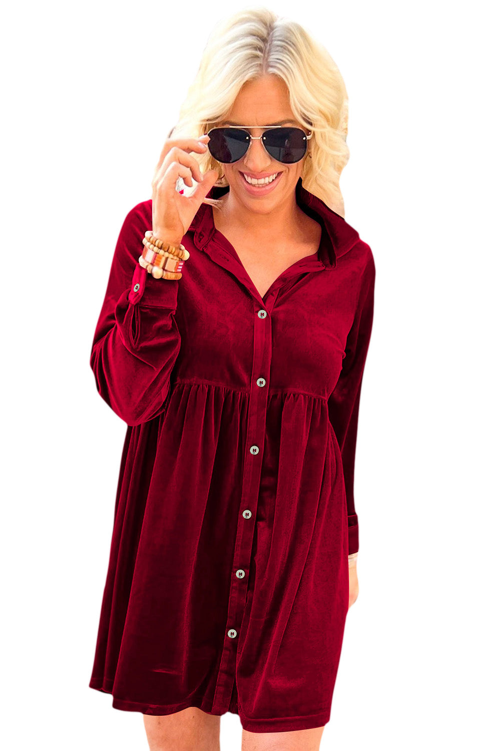 Fiery  Long Sleeve Ruffle Velvet Button Up Dress | Red