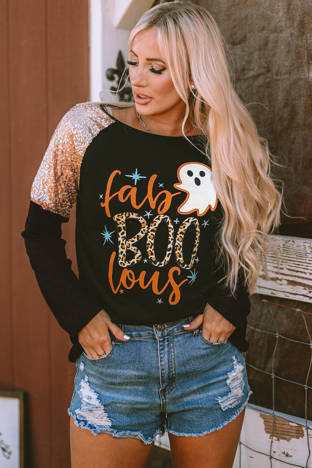 Leopard Boo Ghost Graphic Sequin Raglan Sleeve Top | Black