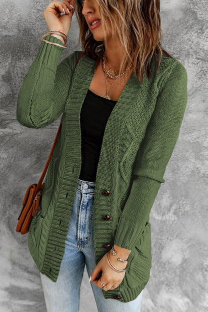 Front Pocket And Buttons Closure Cardigan | Green