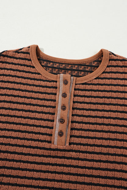 Textured Frilly Trim Buttons Henley Long Sleeve Top | Brown Stripe