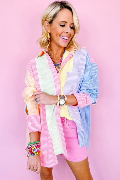 Colour Block Chest Pocket Oversized Shirt | Pink Stripe