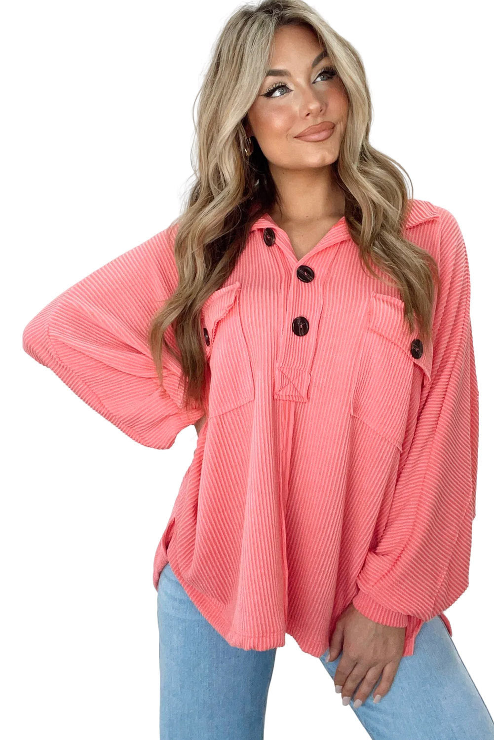 Corded Flap Pocket Henley Top | Pink