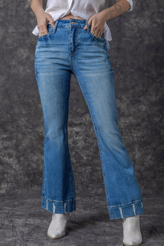 Slight Distressed Medium Wash Flare Jeans | Sky Blue