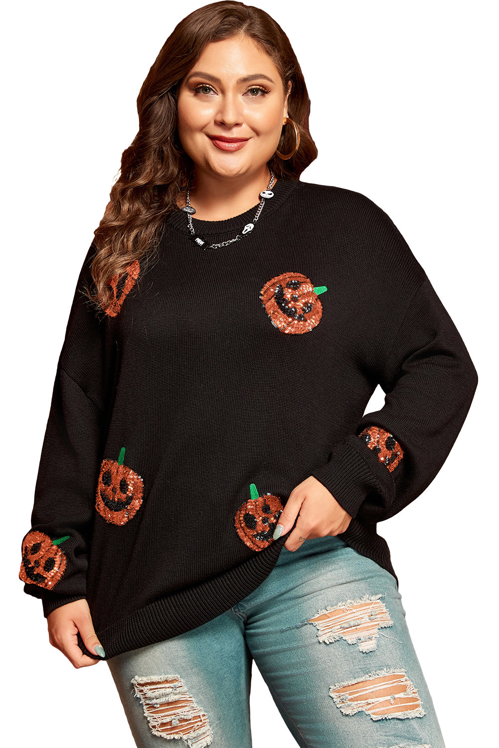 Plus Size Halloween Sequined Pumpkin Pattern Sweater | Black