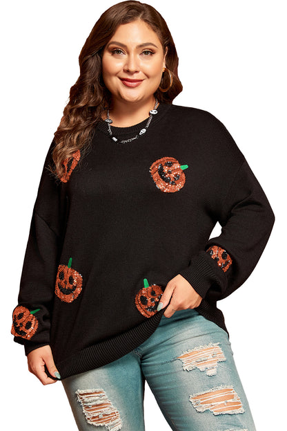 Plus Size Halloween Sequined Pumpkin Pattern Sweater | Black