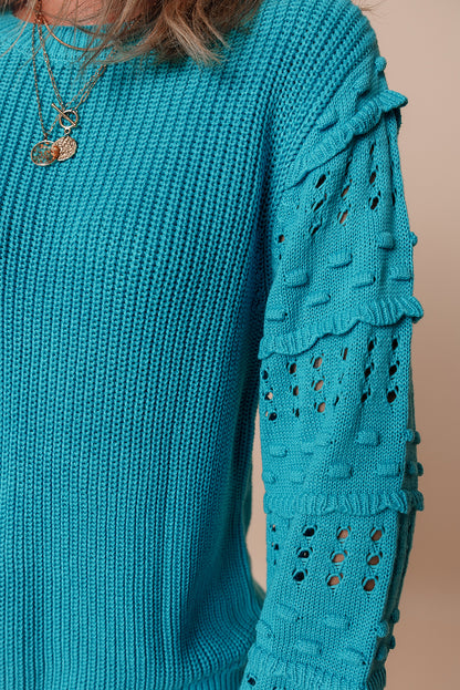 Ruffled Eyelet Bubble Sleeve Sweater | Turquoise