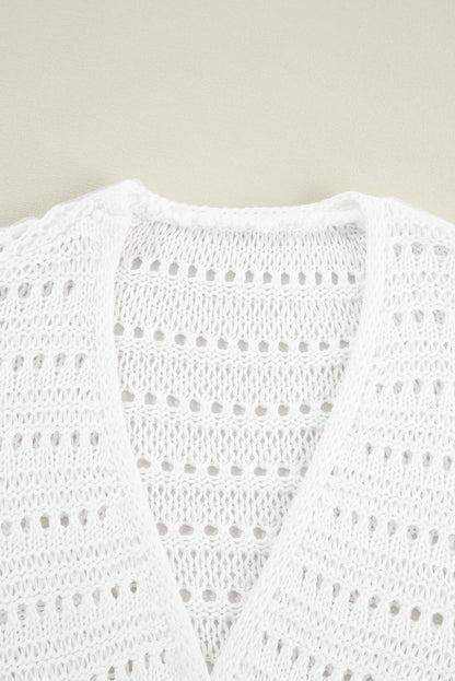 Pointelle Knit Bracelet Sleeve Open Cardigan | White