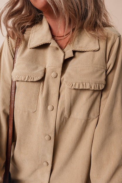 Solid Frilled Flap Pocket Button Up Corduroy Shacket | Light French Beige