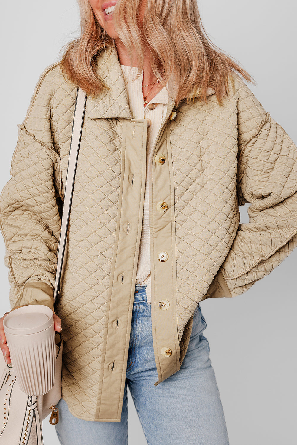 Solid Colour Quilted Puffer Buttoned Shacket | Jet Stream