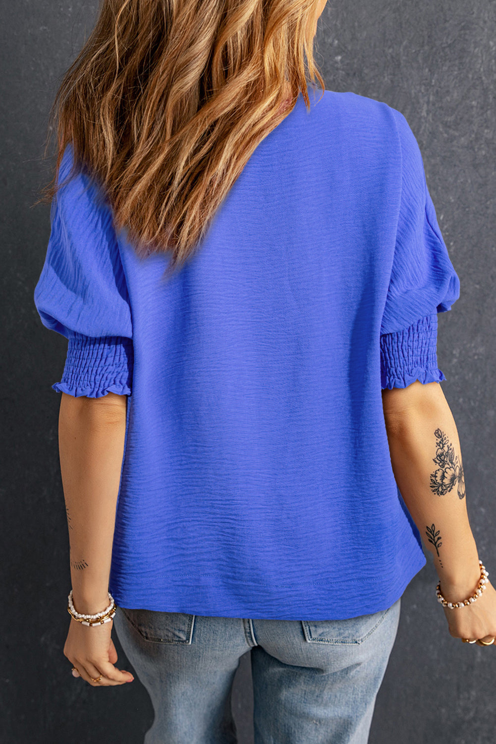 Boxy Collared Smocked Sleeve Cuffs Blouse | Dark Blue