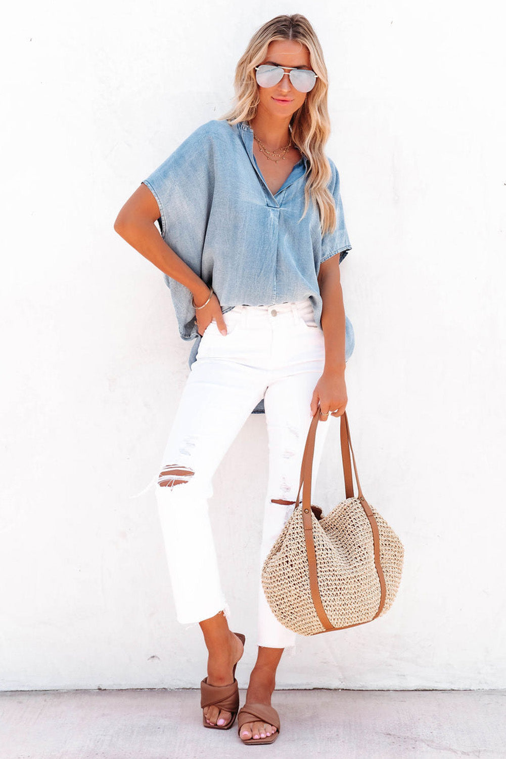 Split V Neck Oversized Denim Blouse | Sky Blue