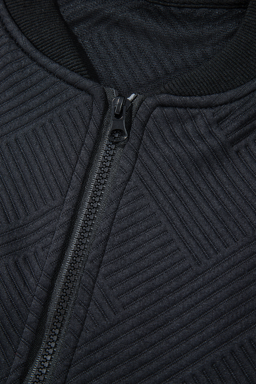 Solid Textured Stand Neck Zipper Bomber Jacket | Black