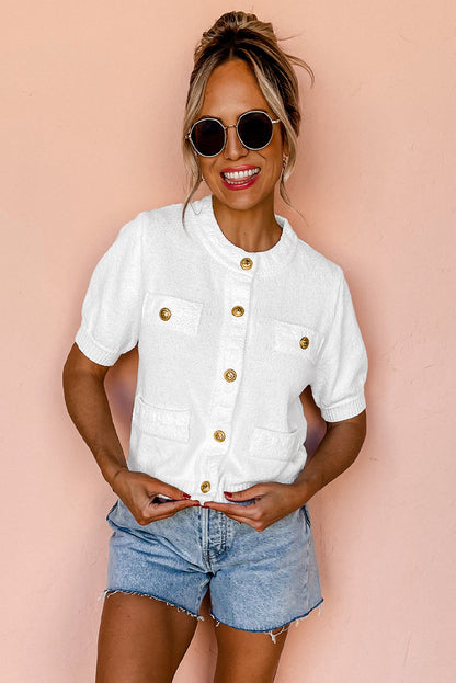 Gold Buttons Textured Sweater T Shirt | White