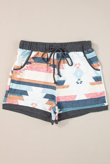 Aztec Print Drawstring Waist Casual Shorts | White