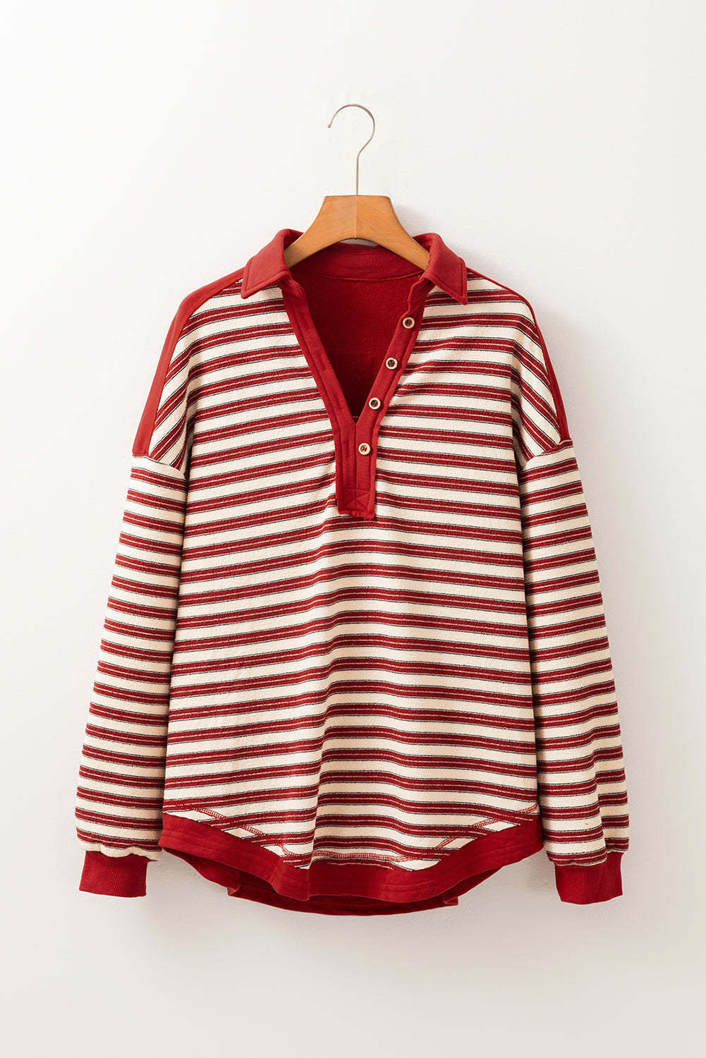 Buttoned V Neck Collared Drop Shoulder Top | Red Stripe