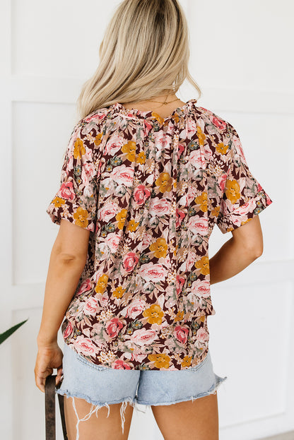 Floral Print Bubble Hem Split Neck Blouse | Pink