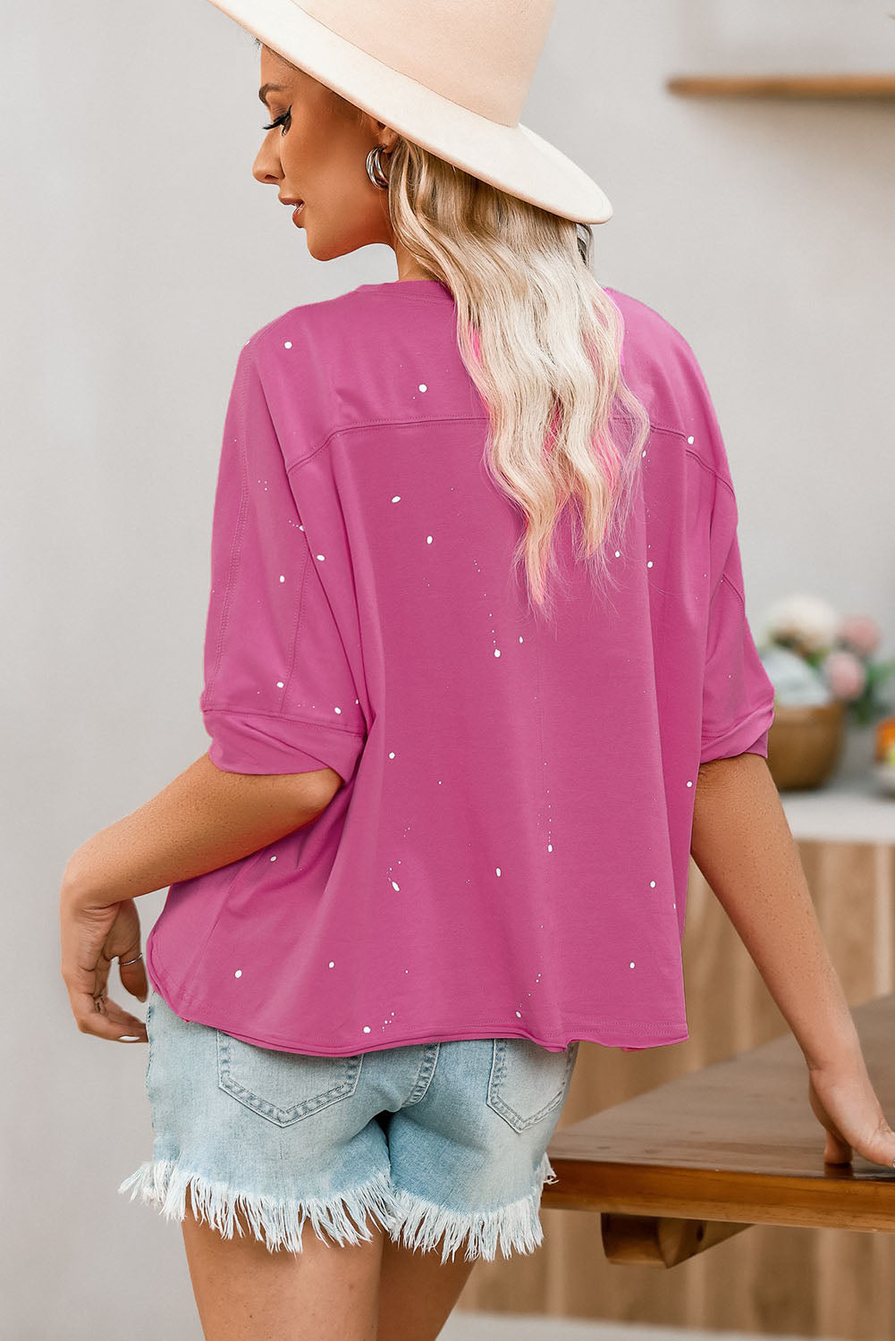 Distressed Bleached Asymmetric Hem Short Sleeve Top | Pink