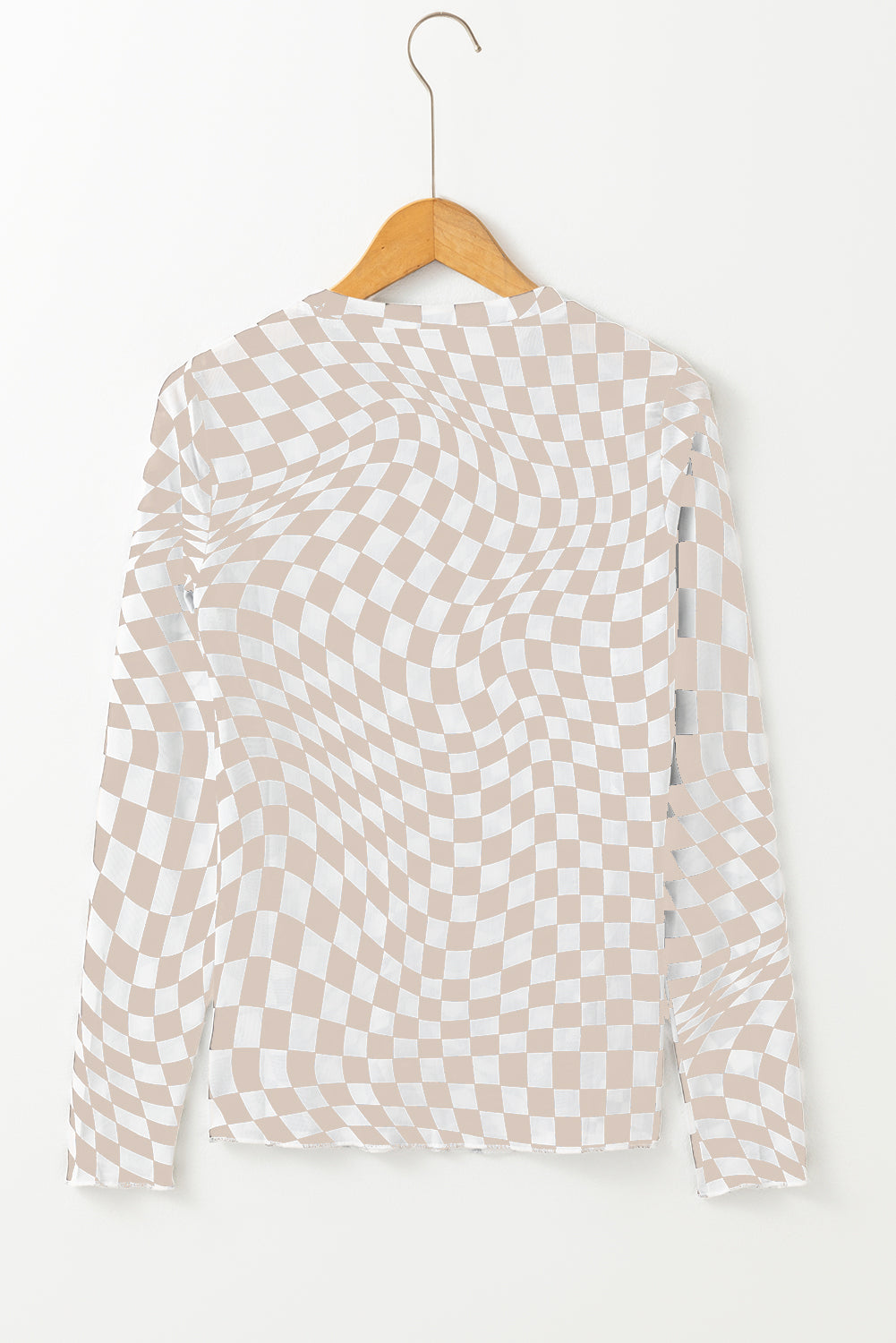 Checkered Pattern Mesh Mock Neck Long Sleeve Top | Khaki