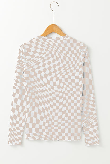 Checkered Pattern Mesh Mock Neck Long Sleeve Top | Khaki