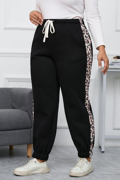 Plus Size Contrast Leopard Side Panel Joggers | Black