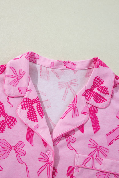 Bow Print Half Sleeve Shirt And Shorts Pajamas Set | Pink