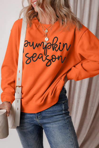 Glittering Pumpkin Season Graphic Drop Shoulder Pullover Sweatshirt | Russet Orange