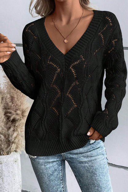 Hollow Out Knit V Neck Drop Shoulder Sweater | Black