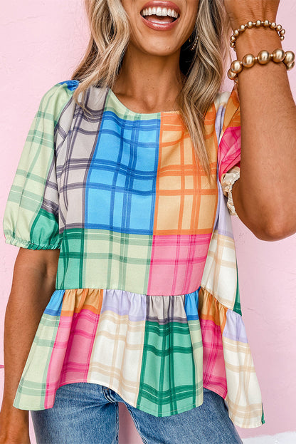 Bold Plaid Colour Block Puff Sleeve Peplum Top | Multicolour