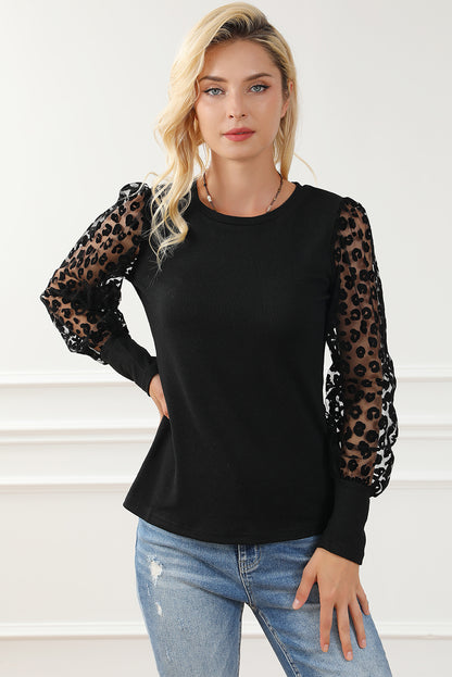 Leopard Mesh Puff Sleeve Patchwork Slim Fit Top | Black