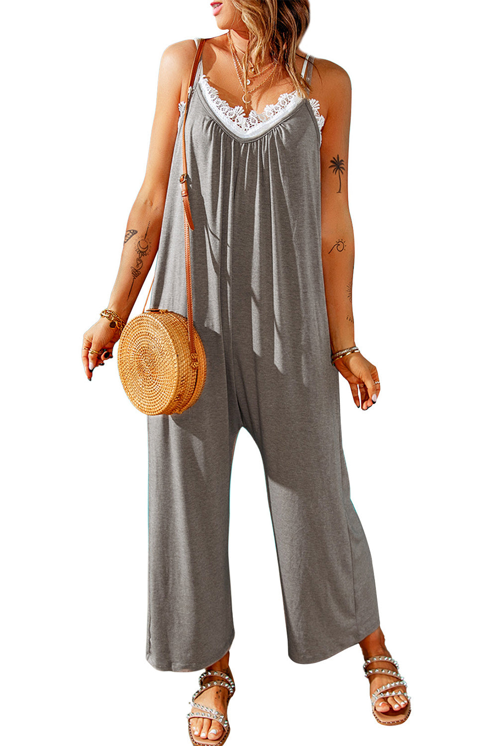 Spaghetti Straps Wide Leg Pocketed Jumpsuits | Gray