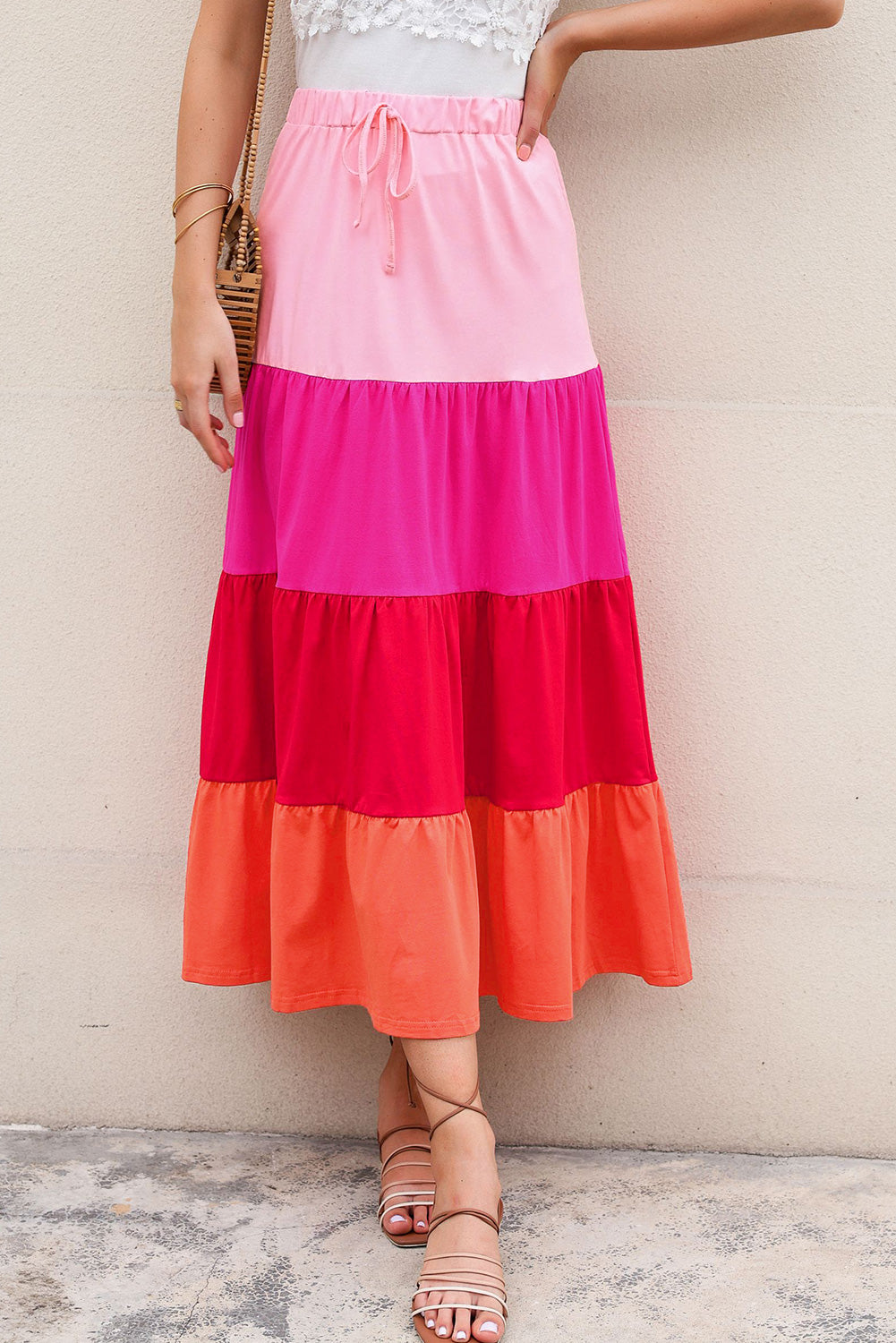 Colour Block Tiered Drawstring High Waist Maxi Skirt | Pink