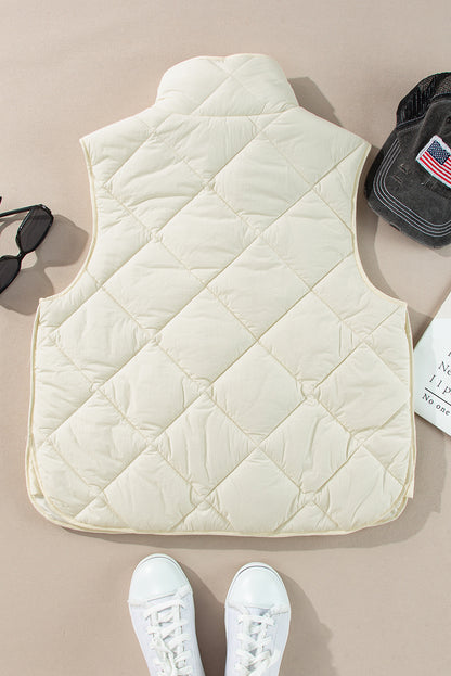 Quilted High Neck Button Up Pocket Vest Coat | Beige