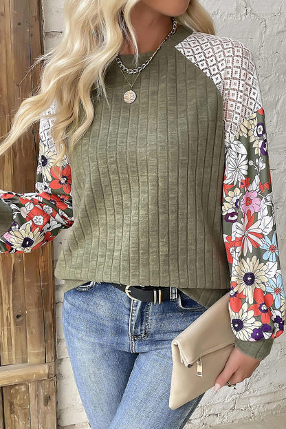 Floral Patchwork Long Sleeve Ribbed Blouse | Laurel Green