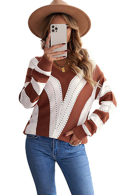 Striped Colourblock V Neck Knitted Sweater | Brown