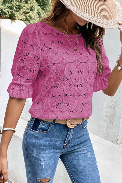 Flower Eyelet Jacquard Keyhole Flounce Sleeve Top | Bright Pink