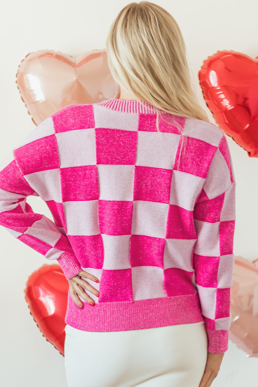 Checkered Drop Shoulder Buttoned V Neck Cardigan | Pink