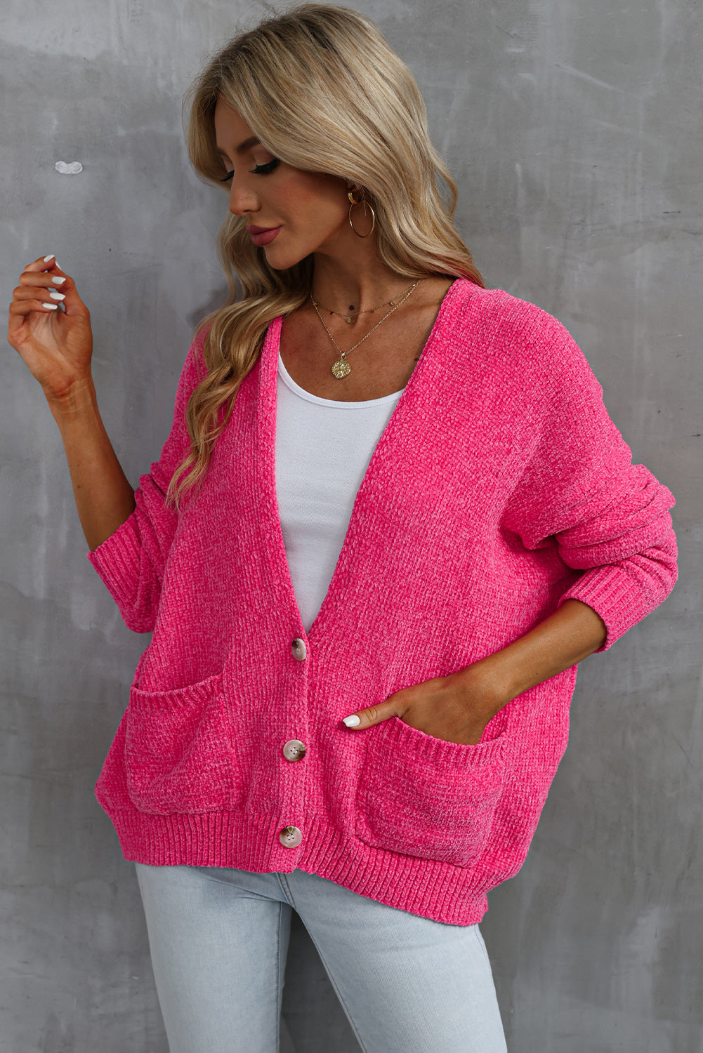 Buttons Front Pocketed Sweater Cardigan | Rose