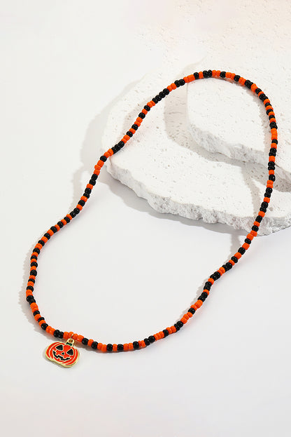 Pumpkin Face Pendant Rice Beaded Halloween Necklace | Orange