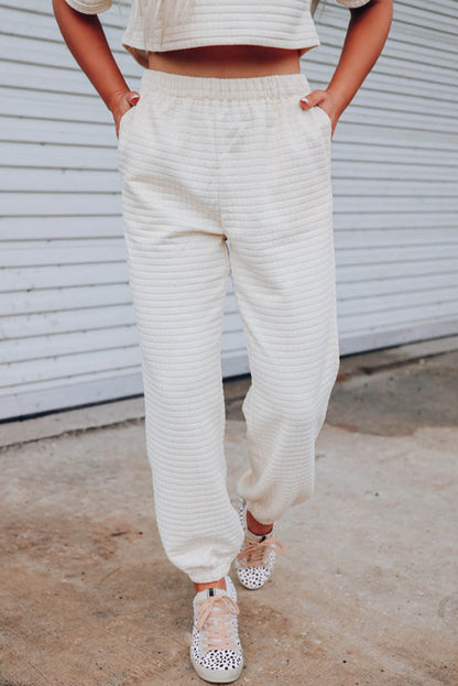 Lattice Textured Cropped Tee And Jogger Pants Set | White